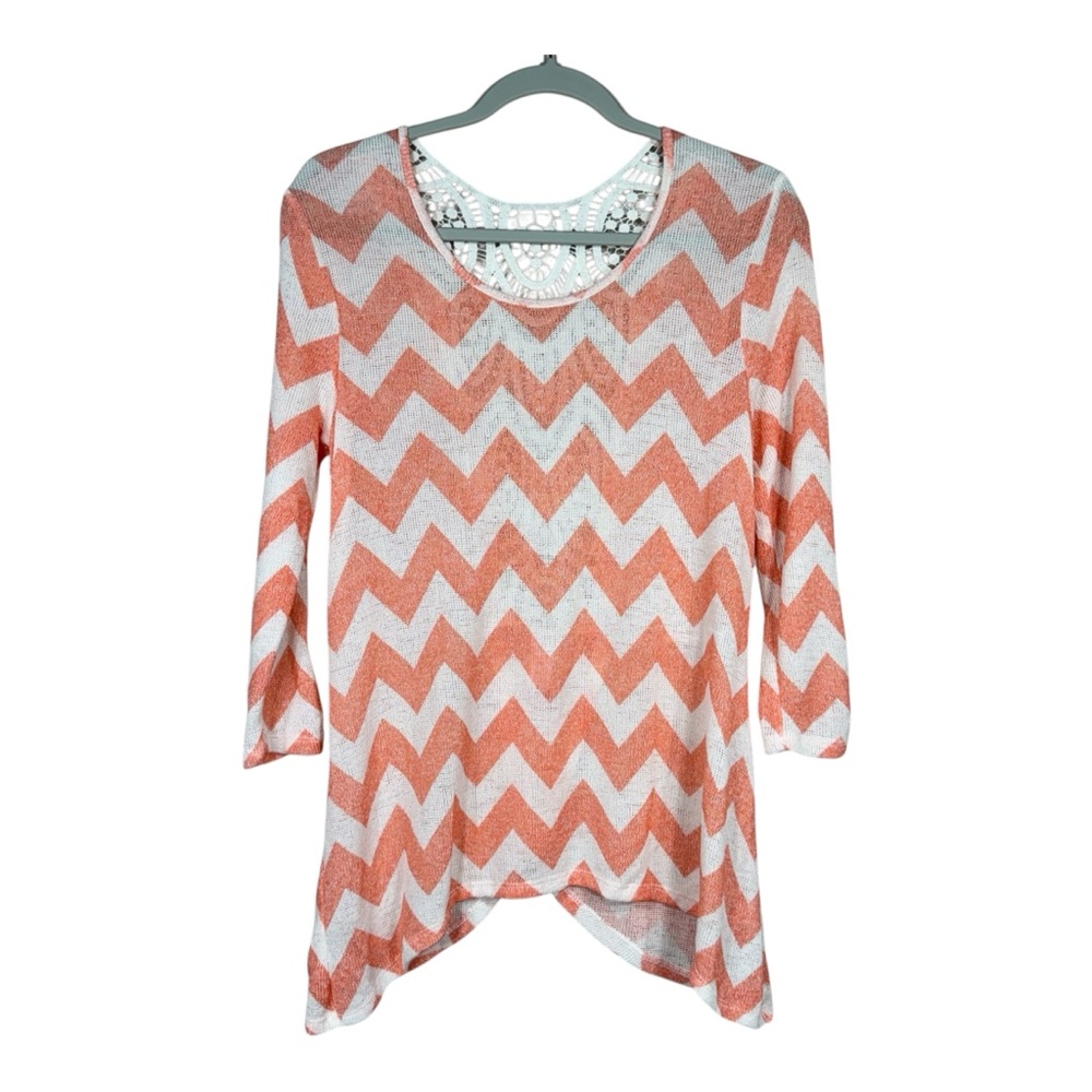 No Boundaries Coral & Cream Chevron & Lace Lightweight Sweater Jrs Size L  11-13